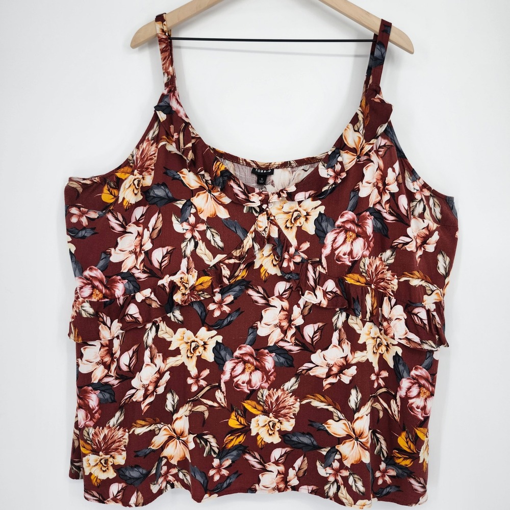 Torrid Women Rayon Slub Ruffle V-Neck Cami Top 5X Earthy Floral Babydoll Peplum
